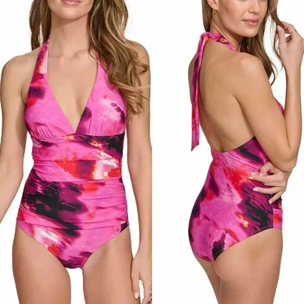 DKNY Tie-Back Halter-Style One-Piece Swimsuit Size Large - Picture 8 of 10